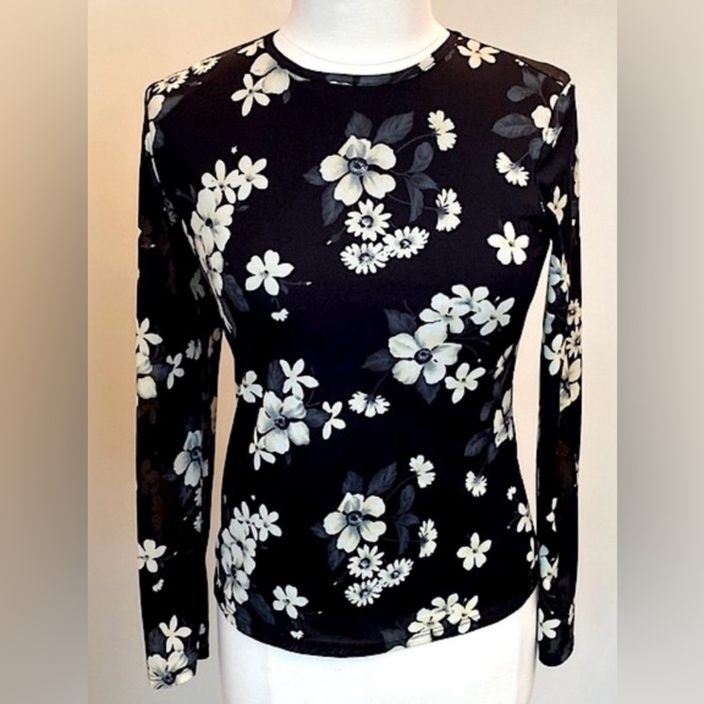 Zinc Black Cream Floral Print Long Semi Sheer Sleeve Casual Boho Top Size M